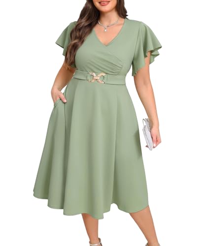 Pinup Fashion Damenkleider in Übergröße für Hochzeitsgäste – Cocktailkleid, halbformelles A-Linien-Midikleid mit Taschen, Salbeigrün, 54 Mehr