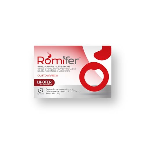 Romifer Ferro Forte Integratore Alimentare con Ferro da Lipofer Alto dosaggio, Lattoferrina, Vitamina C, Rame, Acido Folico e Vitamine B6, B2, B12, Gusto Arancia Made in Italy