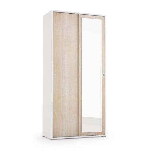 Kiamami Valentina - Armoire coulissante multifonctionnelle en chêne et Blanc avec Porte Miroir et Tringle à vêtements