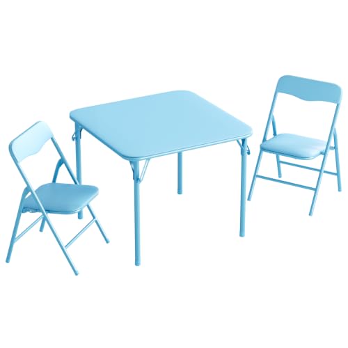 Image of JOYMOR Kids Folding Table and Chairs Set, 3-Piece Metal Frame Activity Set with Easy-Fold Design for Playroom & Classroom, Blue