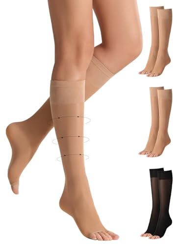 Yilamy 3 Pairs Toeless Compression Socks Sheer Knee High Open Toe Trouser Socks 8-10 mmHg Stockings for Women