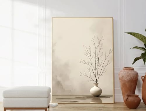 Toile wabi-sabi haut de gamme 60x90 cm | Cadre élégant vase et plantes pour séjour
