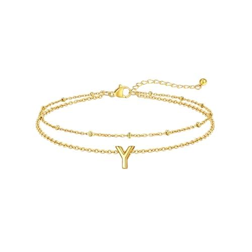 FaithHeart Initial Ankle Bracelets for Women, Waterproof 14k Gold Plated Initial Anklets Non Tarnish Stainless Steel Cute Layered Anklet Summer Beach Jewelry Gold Initial Y