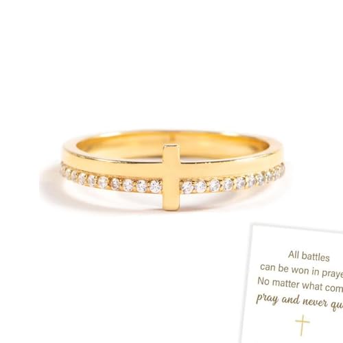 RICOKJRDE Todas Las Batallas Se Pueden Ganar con Oraciones Anillo De Cruz Dorada, Anillo De Cruz De Plata De Ley 925, Anillo Religioso con Oraciones Inspiradoras para Mujeres (Gold,7)