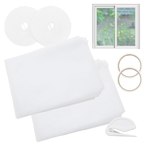 Mosquiteras para Ventanas, 150 x 200cm Malla Mosquitera Para Puerta y Ventanas, Recortable al Tamaño, Tela Mosquitera con Cintas Autoadhesivas y Cuchillo, Adiós a Los Mosquitos (Blanco, 2 Juegos)