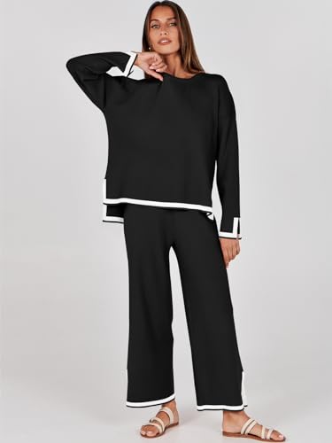 ANRABESS Women's Two Piece Outfits Knit Pullover Sweater Tops & Wide leg Pants Lounge Matching Sweatsuit Tracksuits Sets4