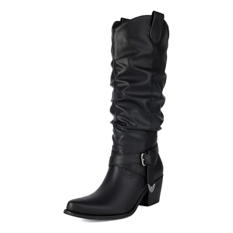 UTIKLIOU Women's Mid Calf Western Boots Slouchy Pull On Boots Chunky Heel Pointed Toe Cowboy Boots Winter Shoes (Black Size 7.5) Cover