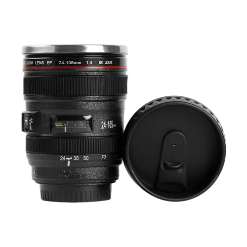 Opiniones de Termo en Forma de Lente de Camara los mejores 5. 46 RANZIVOO Taza de café con forma de lente de cámara, de acero inoxidable, a prueba de fugas, ideal para hombres y mujeres.