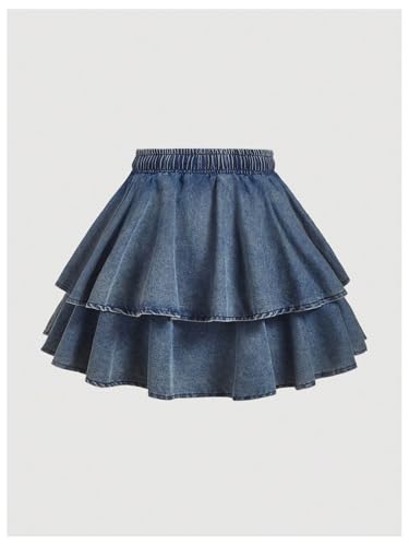 MakeMeChic Women's Denim Skirt Elastic Waist Tie Front Ruffle Tiered Y2K Skirts2
