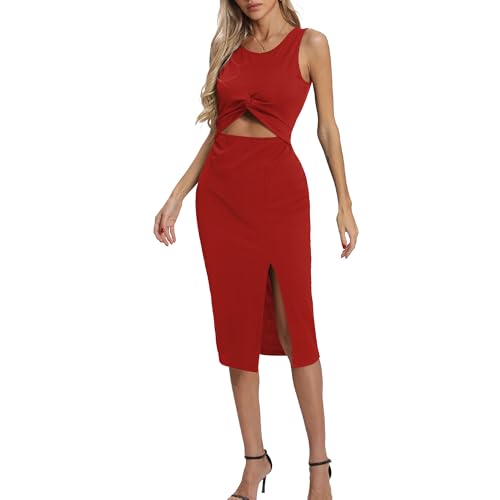 Image of Women's Summer Dress with Slit Sleeveless Crew Neck Cutout Twist Front Crisscorss Ribbed Knit Bodycon Midi Casual Dresses