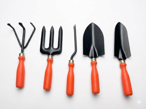 Image of Ocean Mart Gardening Hand Tools Set - 5 Pieces (Cultivator, Big and Small Trowel, Weeder, Fork) | Tools for Home Garden | Durable Plant Tool Kit | Farming Tools
