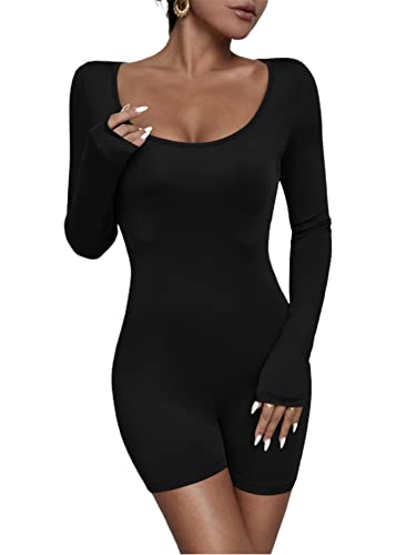 Oyoangle Women'S Solid Scoop Neck Long Sleeve Short Pant Jumpsuits Unitard Romper Black Xs cover