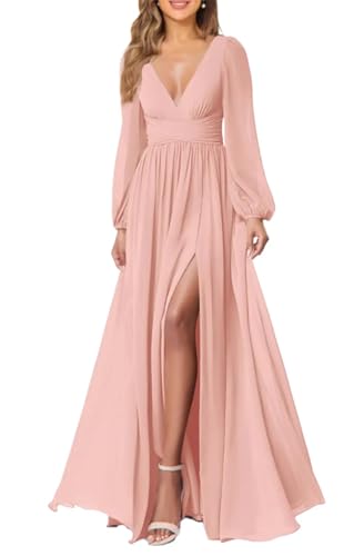 Vestido de dama de honor de gasa con cuello en V y bolsillo formal de manga larga para boda, Roseta, 48