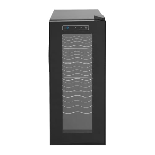 Amrgtucf Refrigerador Para Vinos de 12 Botellas, Independiente, Humedad de 55%-75%, Puerta de Vidrio, 25,8 x 50,2 x 63,7 Cm, Negro