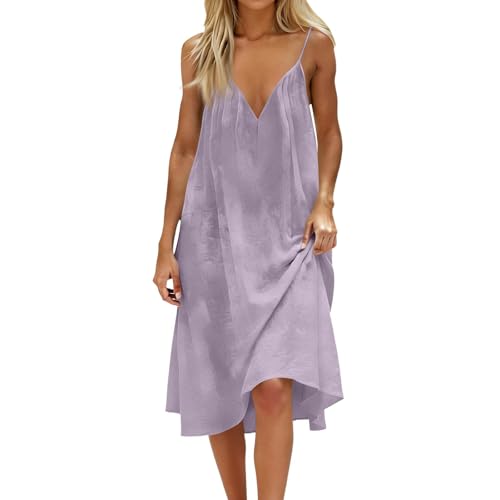 Kenvina Backless Cami Dresses for Women 2026 Flowy Sleeveless Open Back Midi Dress Back Tie House Dress Summer Beach Sundress（1-Purple,Medium）