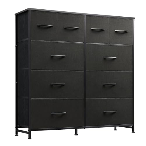 WLIVE Dresser for Bedroom with 10 Fabric Drawers, Tall Chest Organizer Units for Clothing, Closet, Storage Tower with Cabinet, Metal Frame, Wooden Top, Black Dresser for Living Room