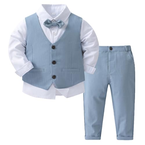 Miutii Baby Boys Gentleman Outfits Toddler Formal Waistcoat Suit Wedding Shirts + Vest + Pants + Bow Tie 4 PCS Set Light Blue 9-12 Months
