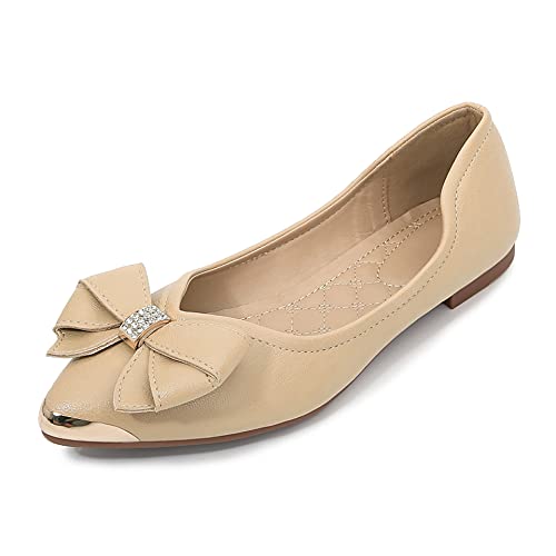 Hee grand Women's Slip On Ballet Flats Pointed Toe Rhinestone Metal Buckle Bowknot Shoes for Work Soft Comfort Walking Shoes,Apricot