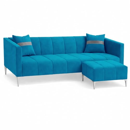 Image of Solomon 4 Seater L Shape Sofa Set with Movable Ottoman | Flexible Left or Right Layout | Luxe Velvet Suede Fabric | Comfortable Seating | Modern Sofa for Living Room - Aqua Blue