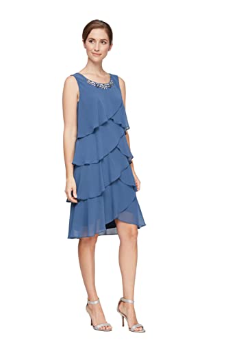 S.l. Fashions Women's Chiffon Tier Jacket Dress With Bead Neck, Wedgewood, 8P #TOP2