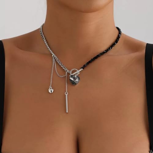 DEFGNOP Elegante Cristal De Cuentas Empalmado Espejo Amor CorazóN Collarbone Cadena, Accesorios De JoyeríA De Moda De Las Mujeres (Negro)