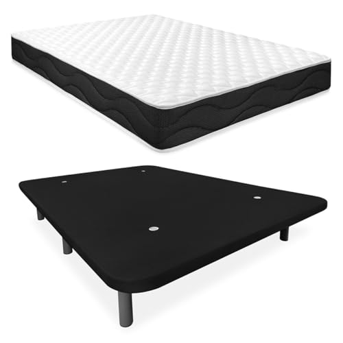 Homey - Cama Completa con Colchón Sleep Pro Reversible + Base Tapizada Extra Reforzada con 6 Patas Cilíndricas Metálicas Roscadas, 105 x 190, Negro