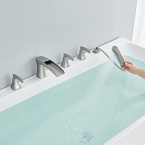 Artiqua Roman Tub Faucet Waterfall Deck Mount Tub Filler Brushed Nickel Bathtub Faucets 5 Hole Brass Bathroom Faucets With Hand Shower #TOP5