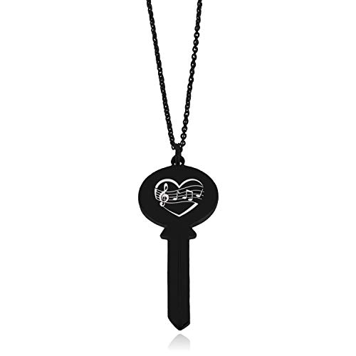 Tioneer Black Stainless Steel Musical Love Note Heart Oval Head Key Charm Pendant Necklace