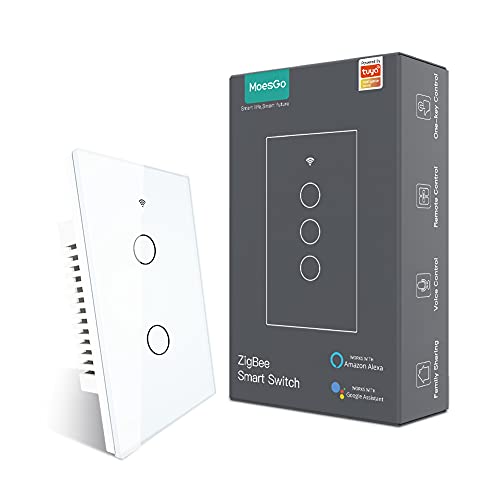 MoesGo ZigBee Wall Touch Smart Light Switch, Only Work with MoesGo Zigbee Hub, No Neutral Wire/N+L Wiring, Smart Life Tuya 2/3 Way Remote Control, Compatible with Alexa and Google Home White 2 Gang MoesGo ZigBee Wall Touch Smart Light Switch, Only Work with MoesGo Zigbee Hub, No Neutral Wire/N+L Wiring, Smart Life Tuya 2/3 Way Remote Control, Compatible with Alexa and Google Home White 2 Gang