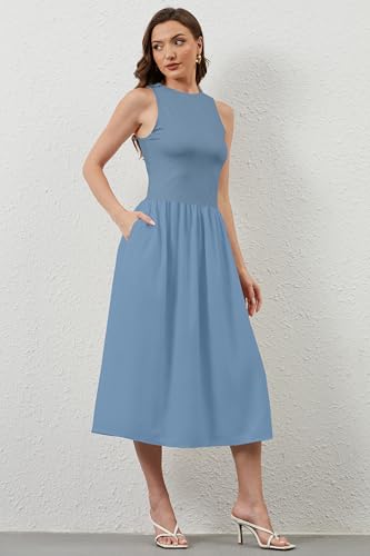 Image of TERIVEEK Women Summer Sleeveless Midi Dress Casual High Neck Patchwork Tank Sundress Boho Flowy A Line Dress with Pockets Blue