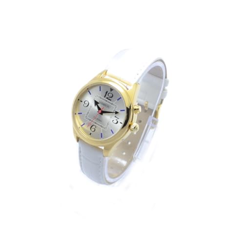 SHMIOU Reloj parlante italiano para personas mayores, invidentes con enfermedades de Alzheimer Sonoro, Anuncio de la fecha, correa de piel blanca XM-IT-240301, Color blanco., estilo redondo de cuero