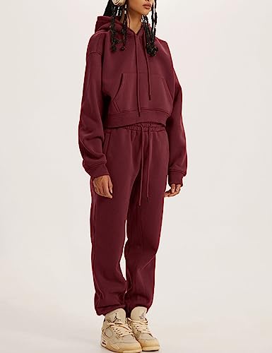 Kissonic Women's Fleece Jogger Sets 2 Pieces Sweatsuits Outfits Crop Top Hoodies Jogger Pants3