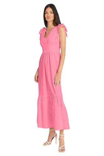 Image of Maggy London Women's V-Neck Ruffle Details Cotton Poplin Maxi Dress
