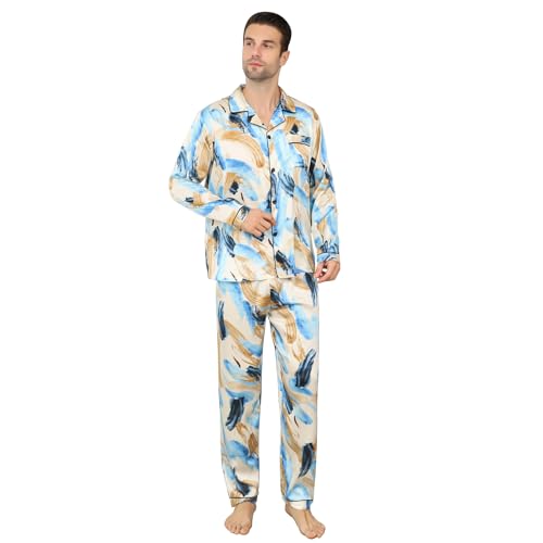 AISOMNUS Men's Silky Satin Pajamas Set Long Sleeve Top and