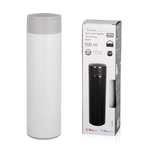 Termo para café/agua de 500 ml, botella térmica para bebidas de acero inoxidable, mantiene caliente 8 h y frío 12 h (gris, asa ajustable)