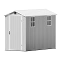 Greesum 4x8FT Plastic Storage Shed with Floor, Resin Outdoor Storaged Sheds with Lockable Door, All Weather Tool Shed with Window and Vent, Easy Assembly for Garden, Patio, Backyard, Light Gray