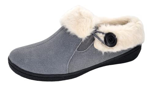 Clarks Womens Suede Leather Slipper with Gore and Bungee JMH2213 - Warm Plush Faux Fur Lining - Indoor Outdoor House Slippers For Women (6 M US, Pewter)