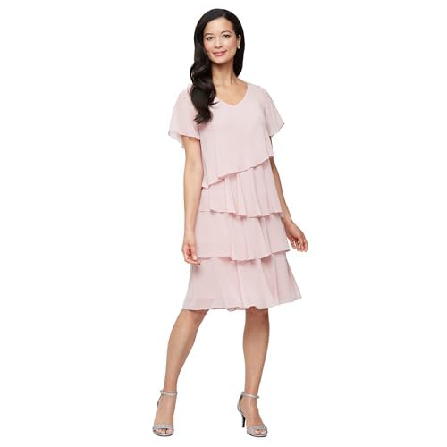 Image of S.L. Fashions Women's V-Neck Chiffon Cocktail Dress with Beaded Shoulders and Asymmetrical Tiers (Petite and Regular Sizes)