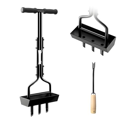 Herramienta del aireador de césped, aireador de núcleo manual de hierro, aireador de hierba de patio con bandeja de almacenamiento de núcleo de suelo para tierra compactada, cuidado de césped