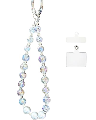 QATYYY Sparkle Crystal Pearl Phone Wrist Strap for Women, Sparkling Beaded Cellphone Lanyard Chain, Bling Glam Wristlet Bracelet, Fashion Phone Accessory Gift (White)
