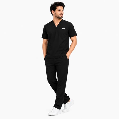 Image of Unisex Medical Scrub Suit Set, V-Neck Top with Pants, Short Sleeve, Polyester Cotton Blend, 7 Pockets, Regular Fit, Hospital Doctor Nurse Uniform
