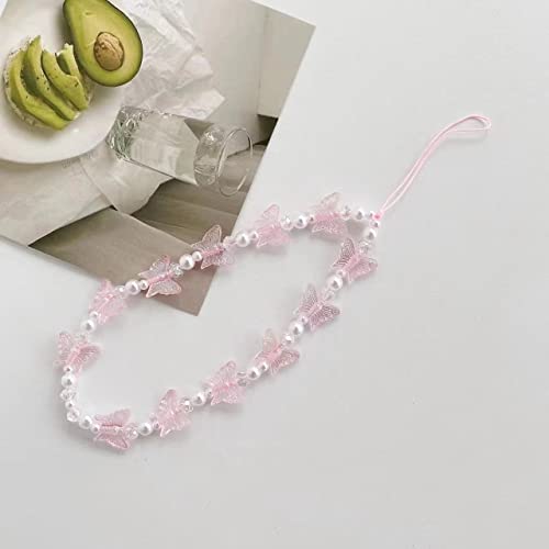 Fuqimanman2020 1-2 Pcs Natural Stone Cell Phone Lanyard Strap Charms- Handmade Colorful Beaded Butterfly Charms For Women Girl, Rainbow Keychain (Pink) #TOP3