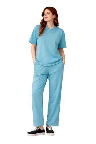 Image of Kvetoo Women Solid Tracksuit Set Cotton Lounge Wear Set Half Sleeve Polo T-Shirt & Straight Pant Casual Travel Outfit