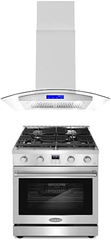 Cosmo 2-Pc Kitchen Appliance Packages, 30" Freestanding Gas Range and 30" Island Range Hood