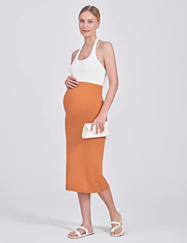 Poshdivah Women's Maternity Skirt Over The Belly Midi High Waisted Solid Stretchy Pregnancy Pencil Skirt Camel Medium #TOP1
