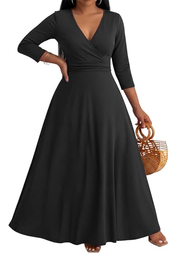 Image of CLOCOR Maxi Dress for Women Long Summer Short Sleeve Evening Formal V Neck A Line Dresses Wedding Guest Empire Waist Elegant