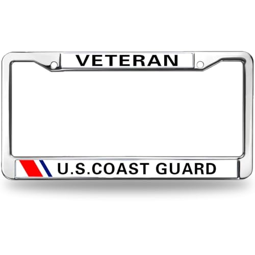 Image of US Coast Guard Veteran License Plate Frame Metal Auto Car Tag Holder | US Coast Guard Veteran License Plate Frame Chrome Metal Car Tag Cover Fit Standard US Auto Trucks Exterior Accessories