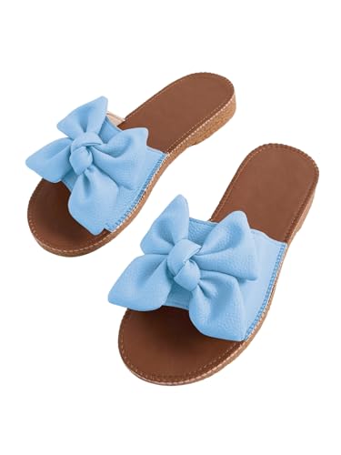 Verdusa Women's Bow Knot Flat Sandals Open Toe Slides Leather Summer Slippers Light Blue 6.5