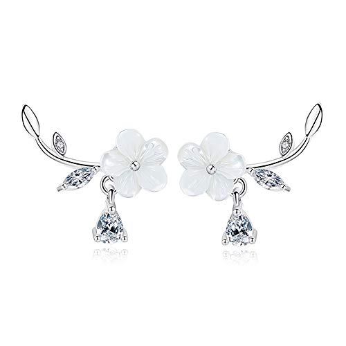 OREOLLE 18k White Gold Plated Plum Flower Earrings - Post Ear Crawler - Cuff Earrings Simulated Diamond Leaf Stud Ear Climber Jackets