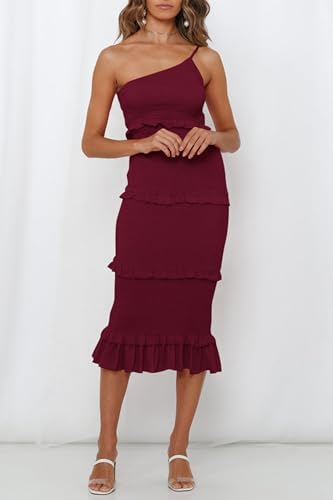 Image of PRETTYGARDEN Women's Summer Midi Bodycon Dresses One Shoulder Strappy Tiered Ruffle Floral Boho Sun Dress